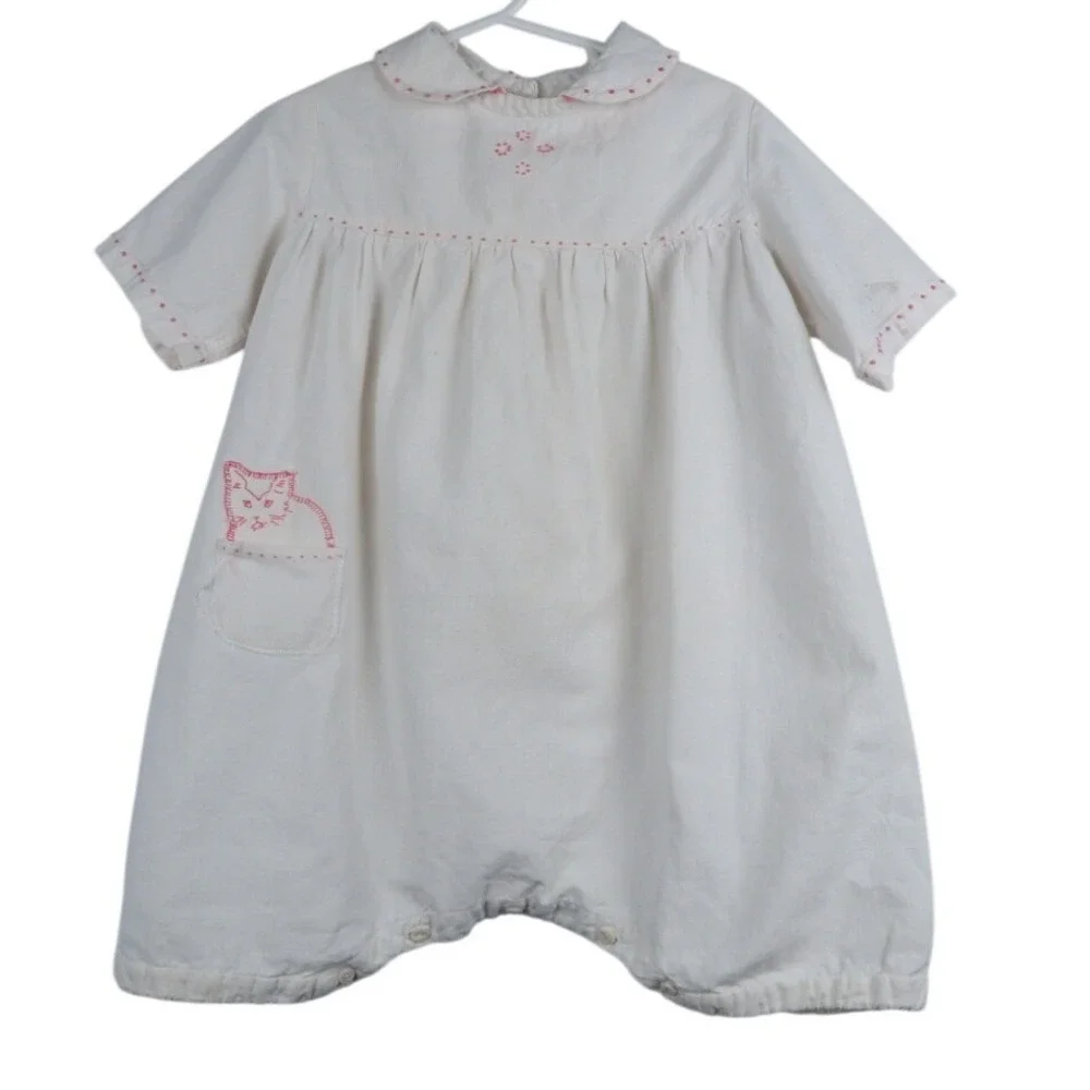 Handmade Antique Cotton Jumpsuit Applique‎ Kitten Pocket Romper Girls Outfit